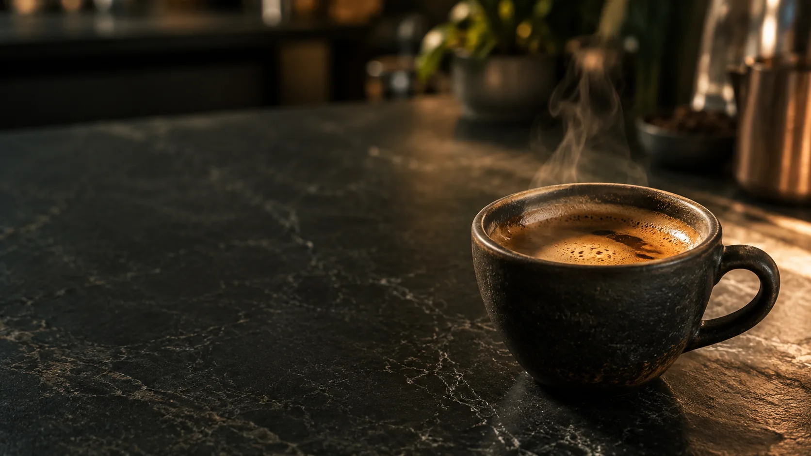 A dark ceramic espresso cup with a thick crema layer and rising steam, on a dark veined stone counter with warm, low side lighting.