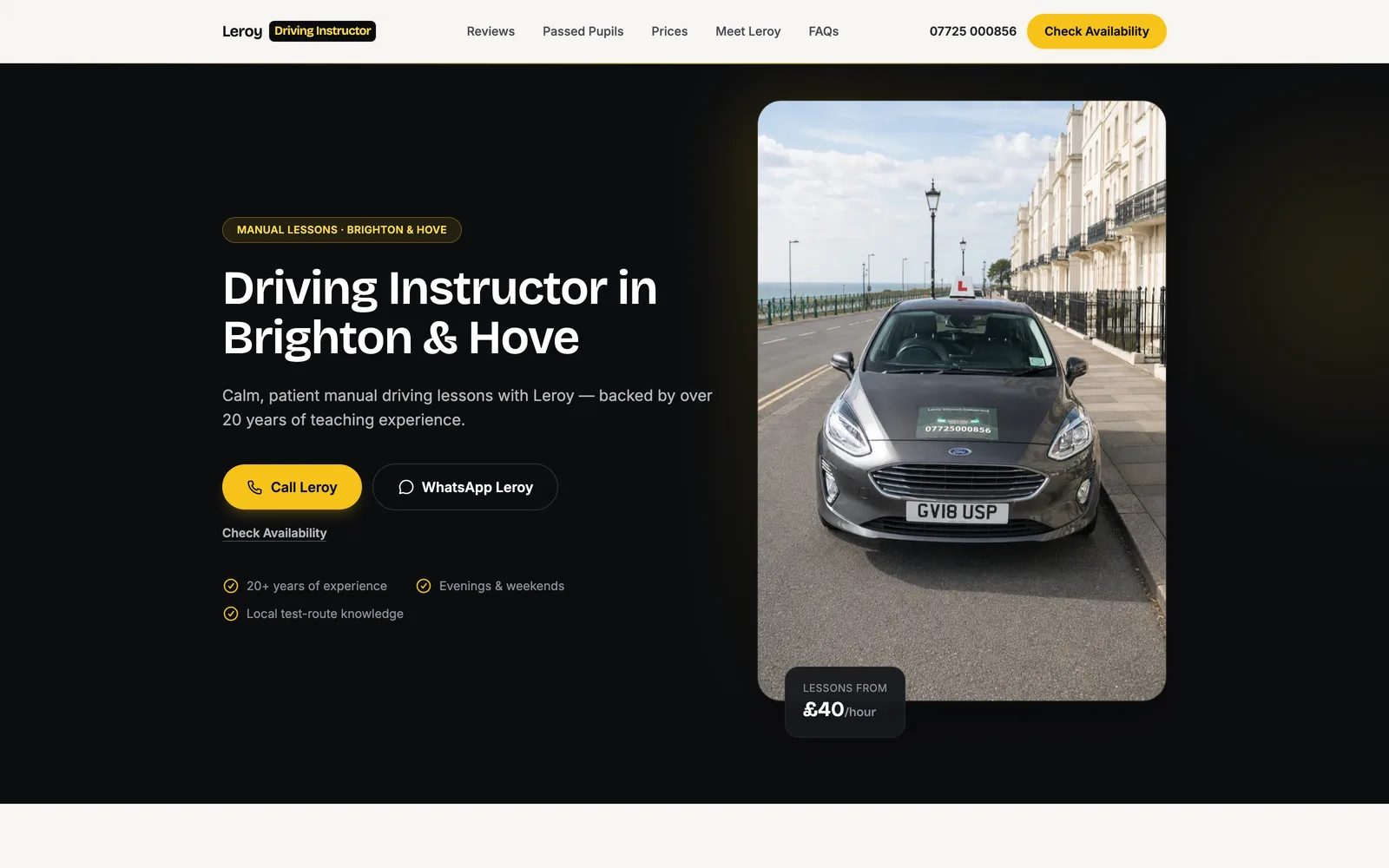 Leroy Driving Instructor website homepage on desktop