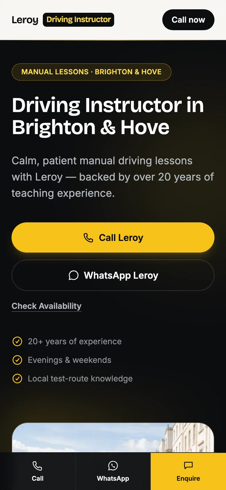 Leroy Driving Instructor website homepage on mobile